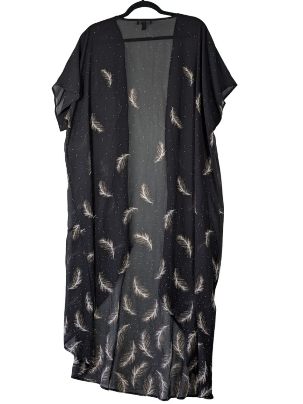 Torrid Sheer Black Gold Feather Kimono Duster Boho Festival Plus Size 1/2-1X 2X